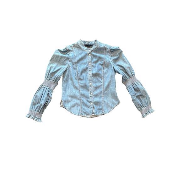 VERONICA BEARD DALTON GATHERED PUFF SLEEVE BUTTON FRONT DENIM TOP SIZE 8 - Picture 4 of 4